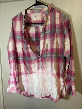 GAP Bleached Plaid Shirt Women XS Pink White Distressed Button Front  Top